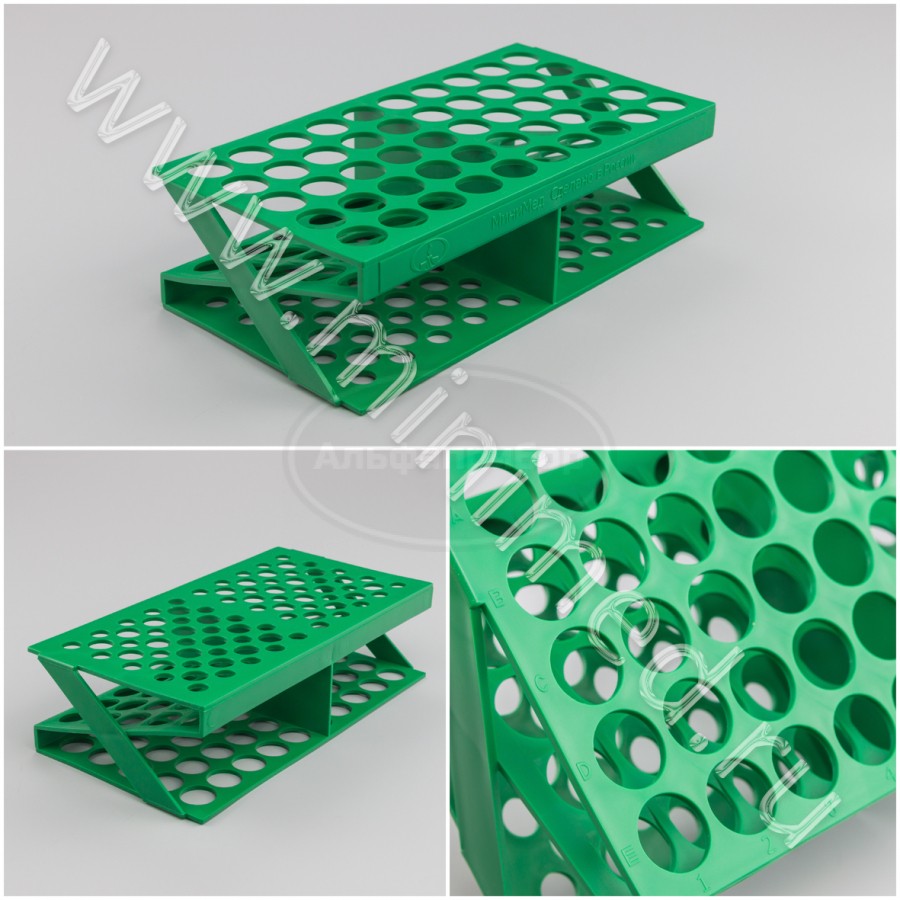 Штатив медицинский полимерный по ТУ 9464-017-29508133-2014, для пробирок ШПА-50, Z-образный на 50 гнезд, диам.18мм, ЗЕЛЕНЫЙ, п/п, упаковка 15шт, МиниМед