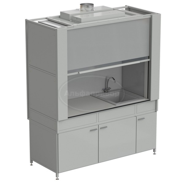 Шкаф вытяжной с коконом из стеклопластика с мойкой из СП и смесителем, с ВЗБ светильником 1800х820х2240 мм, раб. поверхость- Labgrade