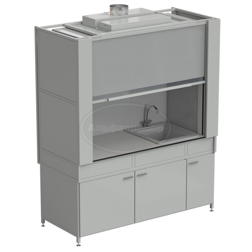 Шкаф вытяжной с коконом из стеклопластика с мойкой из СП и смесителем, с ВЗБ светильником 1800х820х2240 мм, раб. поверхость- Labgrade