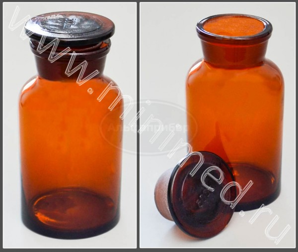 Склянка лабораторная 500мл из темного стекла с широкой горловиной и притертой пробкой, упаковка 6шт / кор.48шт