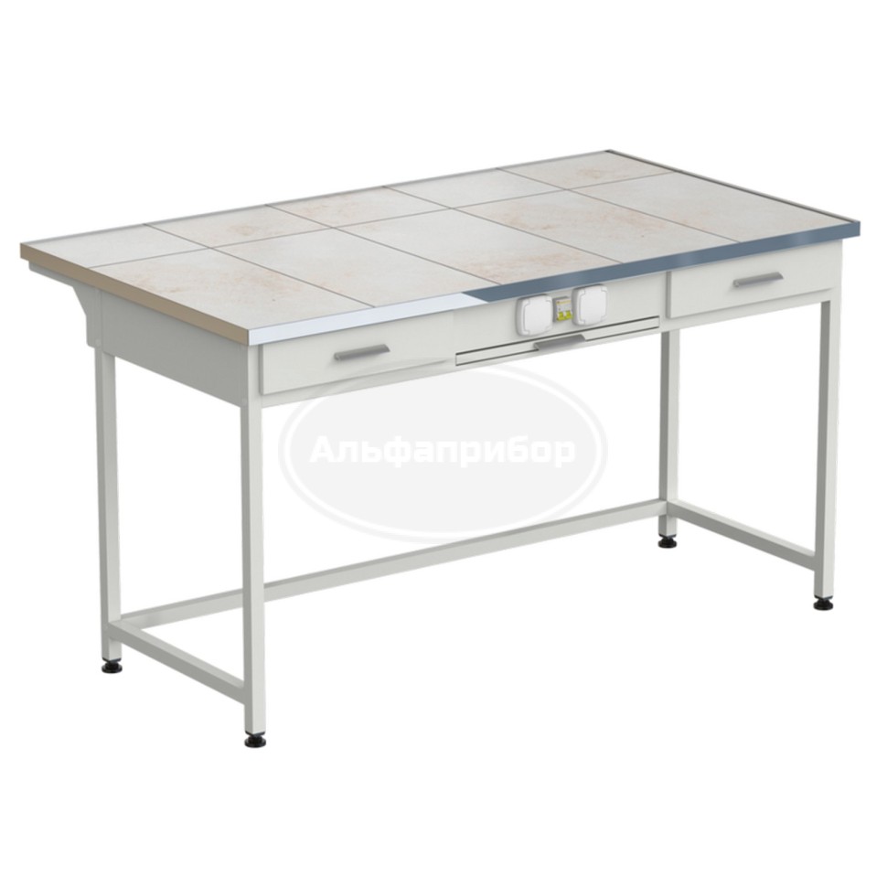 Стол приборный с выдвижным столиком, 2 ящиками и электрикой 1515х850х850 мм, раб. поверхность - керамика