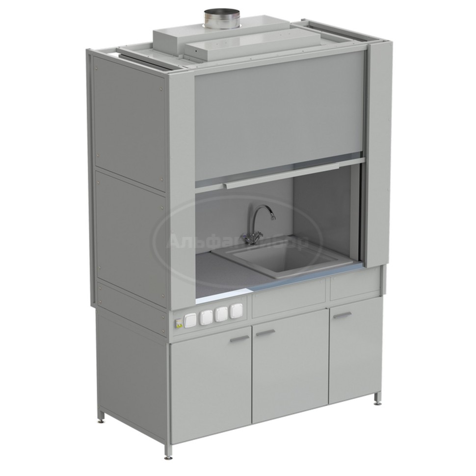 Шкаф вытяжной с коконом из стеклопластика с мойкой из СП и смесителем, с электрикой 1500х820х2240 мм, раб. поверхость - монолитный керамогранит