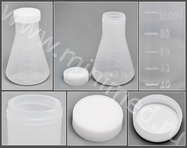 Колба коническая 100мл, с делениями с навинчивающейся крышкой, п/п
