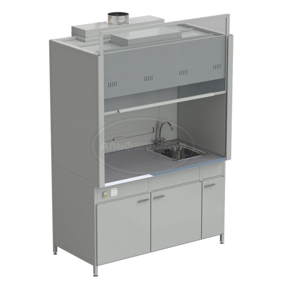 Шкаф вытяжной с мойкой из НС и смесителем 1500х900х2145 мм, раб. поверхность - монолитный керамогранит