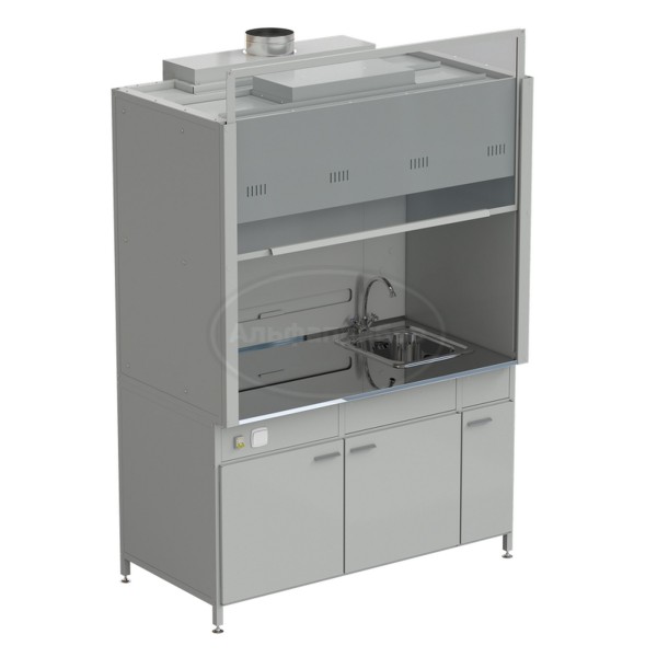 Шкаф вытяжной с мойкой из НС и смесителем 1500х900х2145 мм, раб. поверхность - нержавеющая сталь