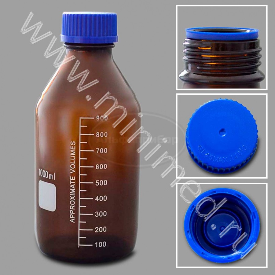 Банка лабораторная стеклянная 1000мл, с делениями с навинчивающейся крышкой, темное стекло, упаковка 30, 20шт