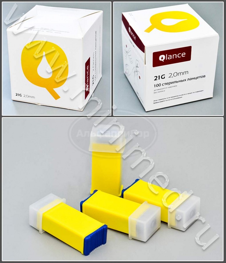 Автоматический ланцет Qlance Special, глубина прокола 2 мм, лезвие 0,8мм (21G), желтый, упаковка 100шт
