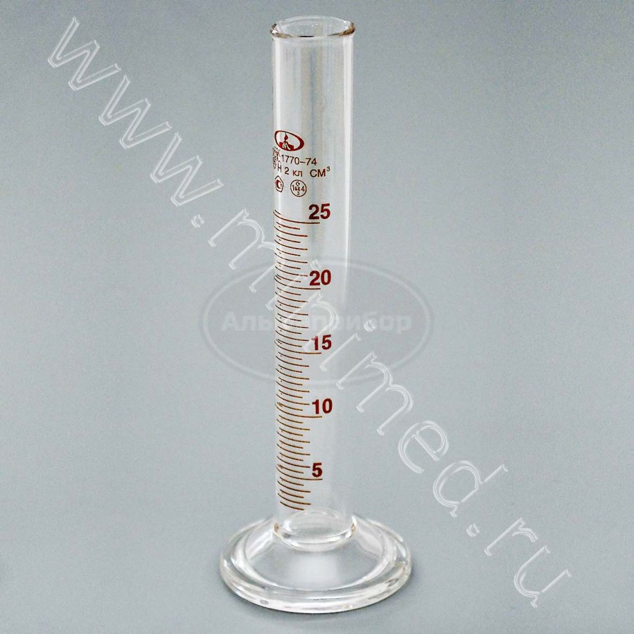 Цилиндр 1-25-2 с носиком и стеклянным основанием, ТУ 9464-013-52876351-2014, ГОСТ 1770-74, МиниМедПром, упаковка 12/ кор. 144шт