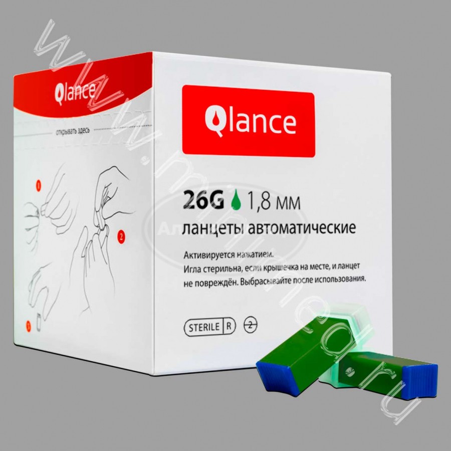 Автоматический ланцет Qlance Lite, глубина прокола 1,8 мм, игла 26G, зеленый, упаковка 100шт