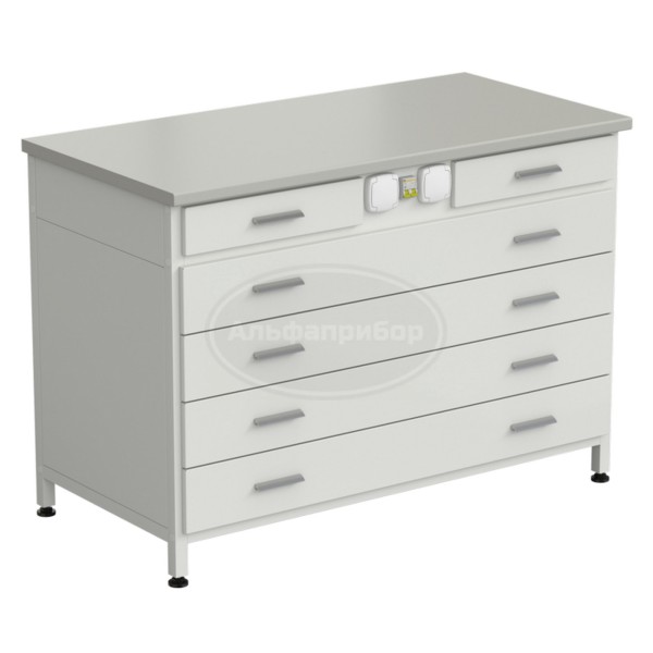 Стол-тумба с электрикой (2 ящика + 4 широких ящика) 1200x600x850 мм, раб. поверхность - белый ламинат