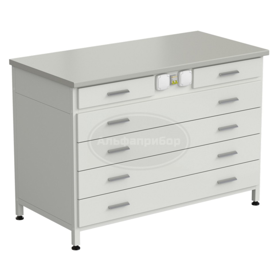 Стол-тумба с электрикой (2 ящика + 4 широких ящика) 1200x600x850 мм, раб. поверхность - белый ламинат