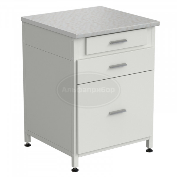 Тумба 3 ящика 610х600х850 мм, верхний ящик - роликовые направляющие, нижние ящики - направляющие полного выдвижения, белый ламинат