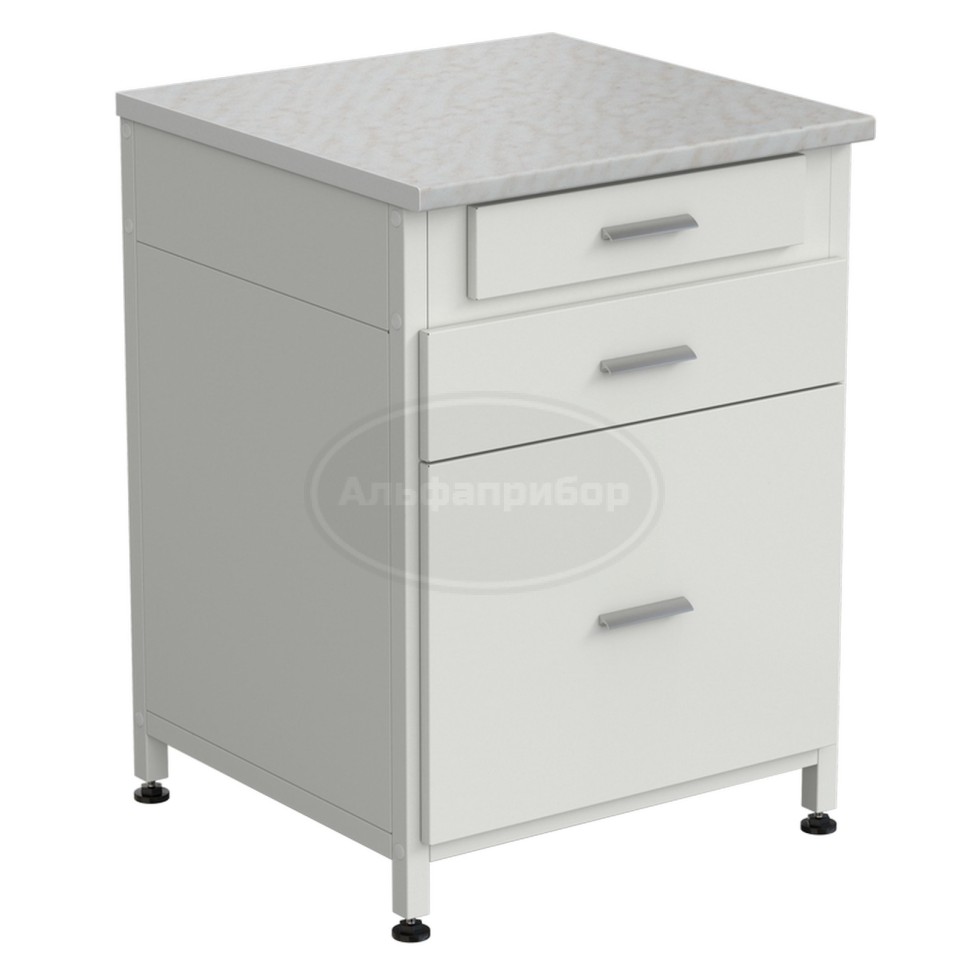 Тумба 3 ящика 610х600х850 мм, верхний ящик - роликовые направляющие, нижние ящики - направляющие полного выдвижения, белый ламинат