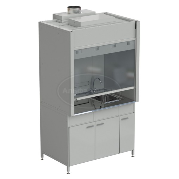 Шкаф вытяжной с мойкой из НС и смесителем с ВЗБ светильником 1200х900х2145 мм, раб. поверхность - нержавеющая сталь