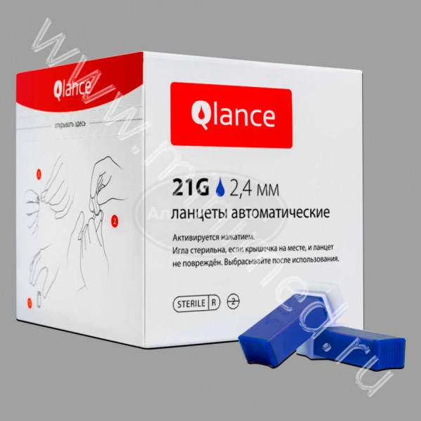 Автоматический ланцет Qlance Extra, глубина прокола 2,4 мм, игла 21G, синий, упаковка 100шт