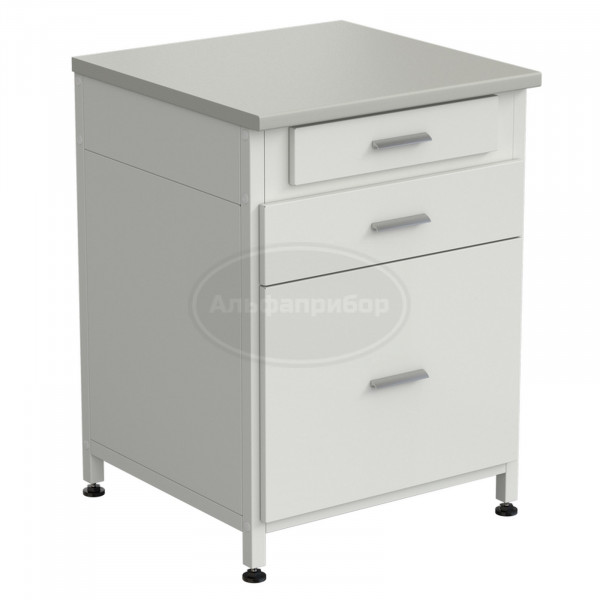 Тумба 3 ящика 610х600х850 мм, верхний ящик - роликовые направляющие, нижние ящики - направляющие полного выдвижения, серый ламинат