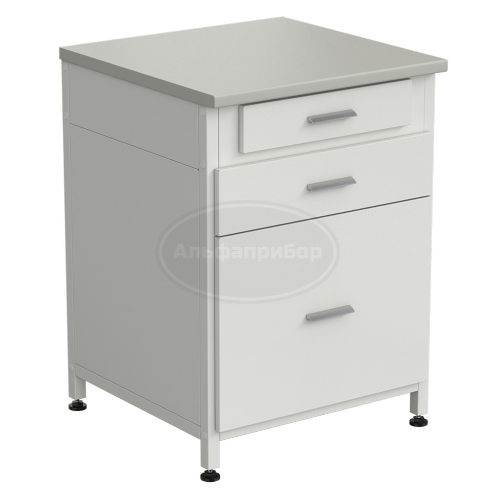 Тумба 3 ящика 610х600х850 мм, верхний ящик - роликовые направляющие, нижние ящики - направляющие полного выдвижения, серый ламинат