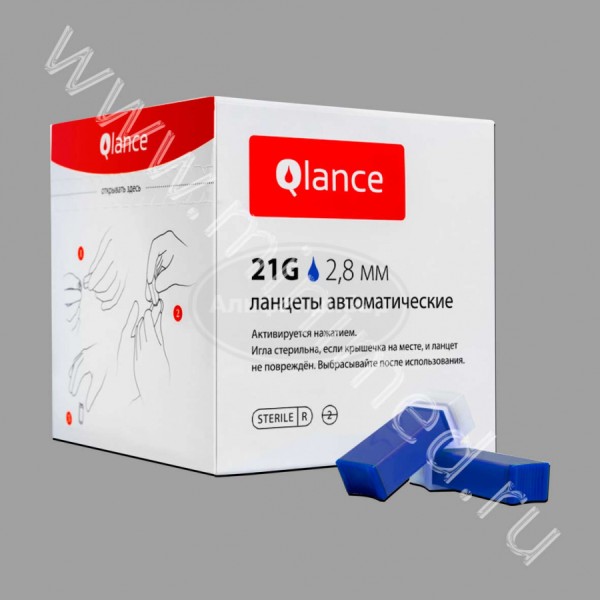 Автоматический ланцет Qlance Deep, глубина прокола 2,8 мм, игла 21G, синий, упаковка 100шт