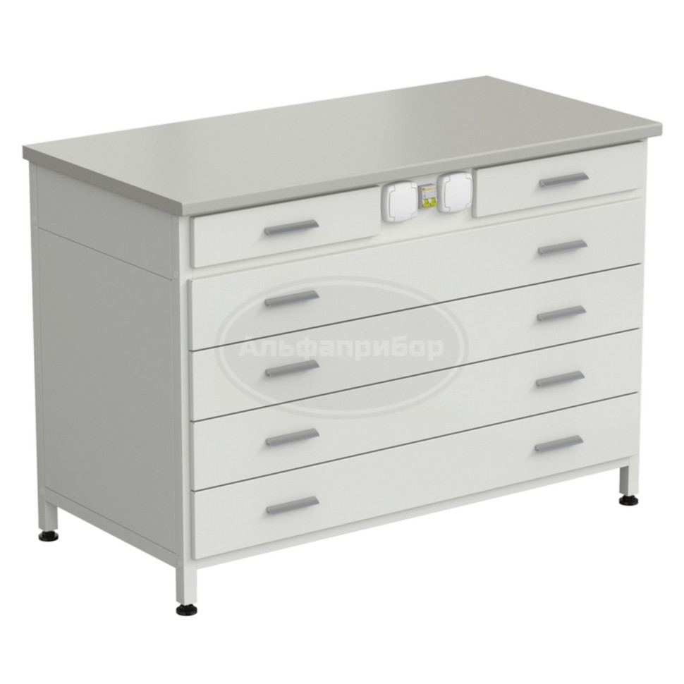 Стол-тумба с электрикой (2 ящика + 4 широких ящика) 1200x600x850 мм, раб. поверхность - серый ламинат