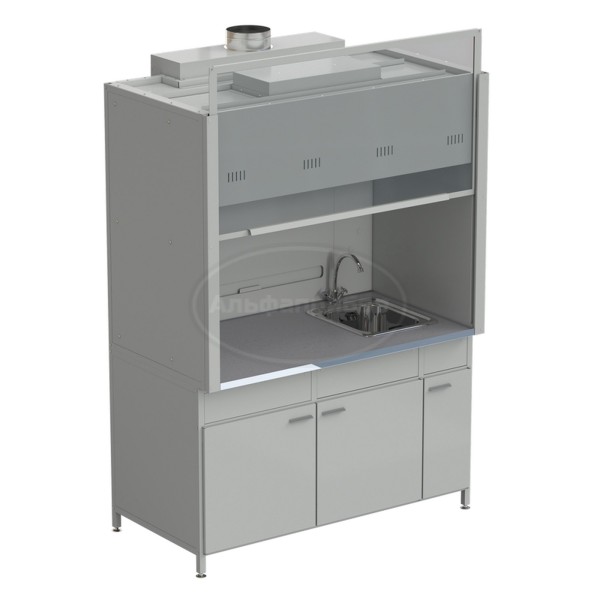 Шкаф вытяжной с мойкой из НС и смесителем с ВЗБ светильником 1500х900х2145 мм, раб. поверхность - монолитный керамогранит