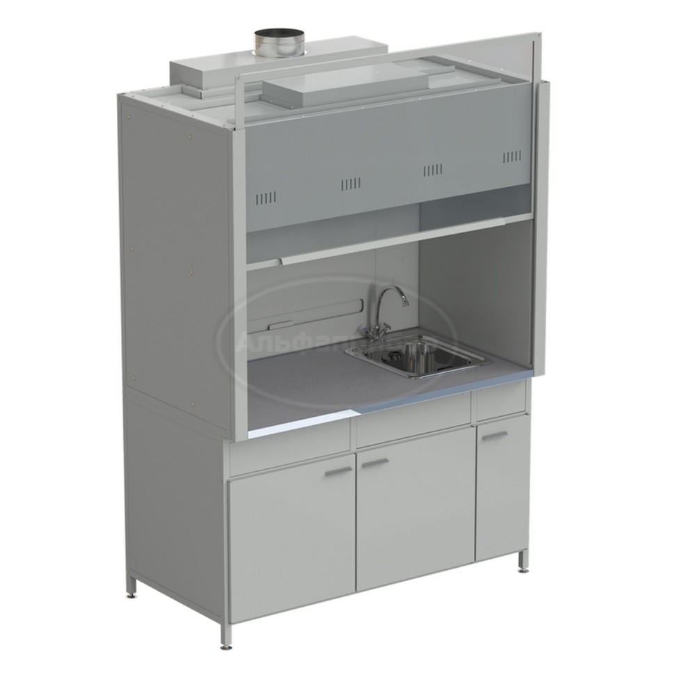 Шкаф вытяжной с мойкой из НС и смесителем с ВЗБ светильником 1500х900х2145 мм, раб. поверхность - монолитный керамогранит