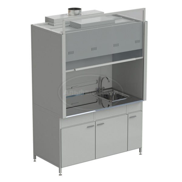 Шкаф вытяжной с мойкой из НС и смесителем с ВЗБ светильником 1500х900х2145 мм, раб. поверхность - нержавеющая сталь