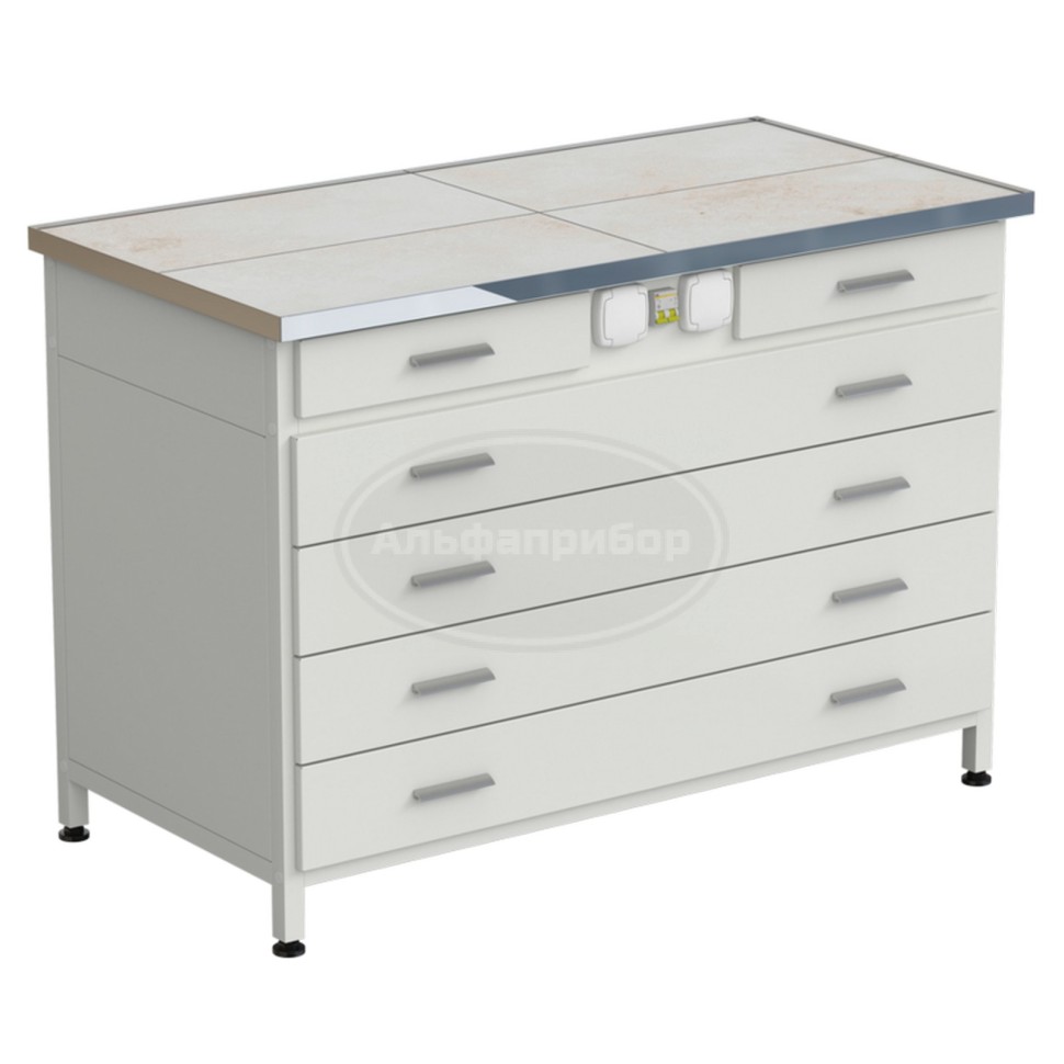 Стол-тумба с электрикой (2 ящика + 4 широких ящика) 1212x610x850 мм, раб. поверхность - керамика