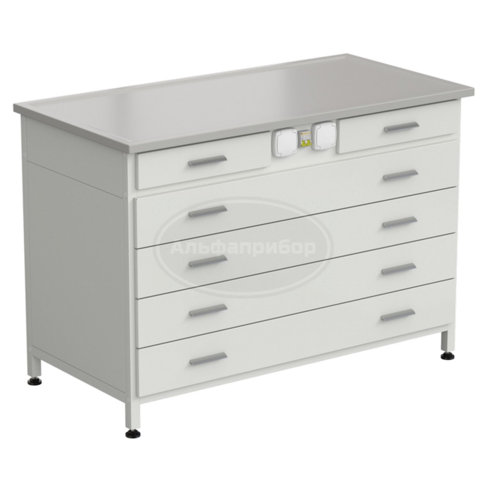 Стол-тумба с электрикой (2 ящика + 4 широких ящика) 1213x613x850 мм, раб. поверхность - Durcon с бортиком