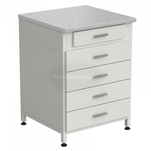 Тумба 5 ящиков 610х600х850 мм, верхний ящик - роликовые направляющие, нижние ящики - направляющие полного выдвижения, белый ламинат
