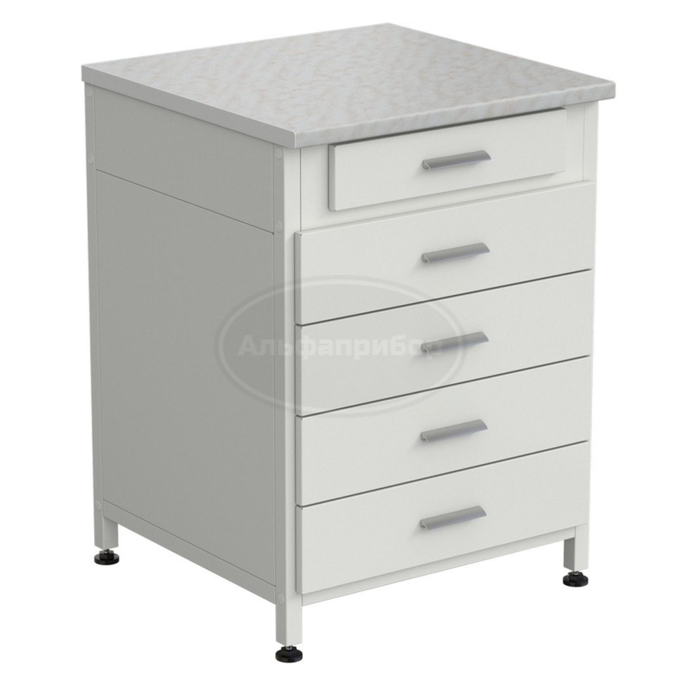 Тумба 5 ящиков 610х600х850 мм, верхний ящик - роликовые направляющие, нижние ящики - направляющие полного выдвижения, белый ламинат