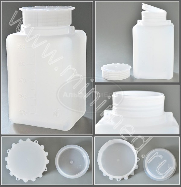 Емкость для общелабораторного применения (бутылка квадратная) 500мл, с делениями, ПЭВП, Aptaca, упаковка 25шт