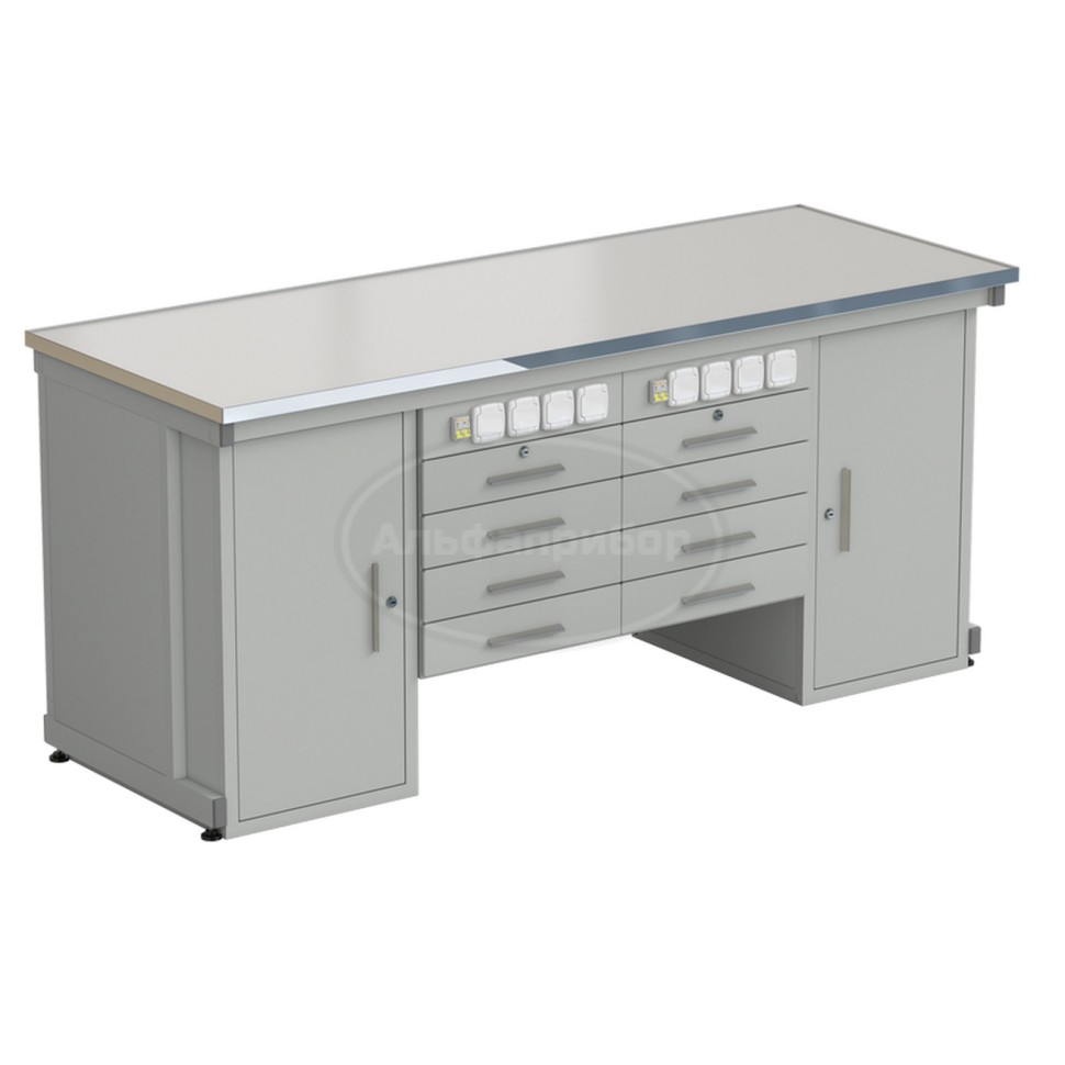 Стол демонстрационный с двумя напольными тумбами, двумя подвесными тумбами, с электрикой 2000х750х900 мм, раб. поверхность - Labgrade-лайт (арт. 56.0551.00.18)