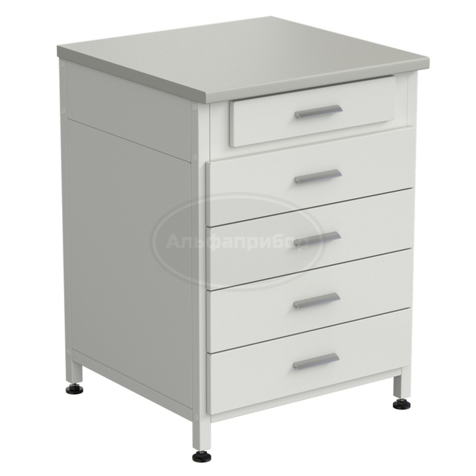 Тумба 5 ящиков 610х600х850 мм, верхний ящик - роликовые направляющие, нижние ящики - направляющие полного выдвижения, серый ламинат