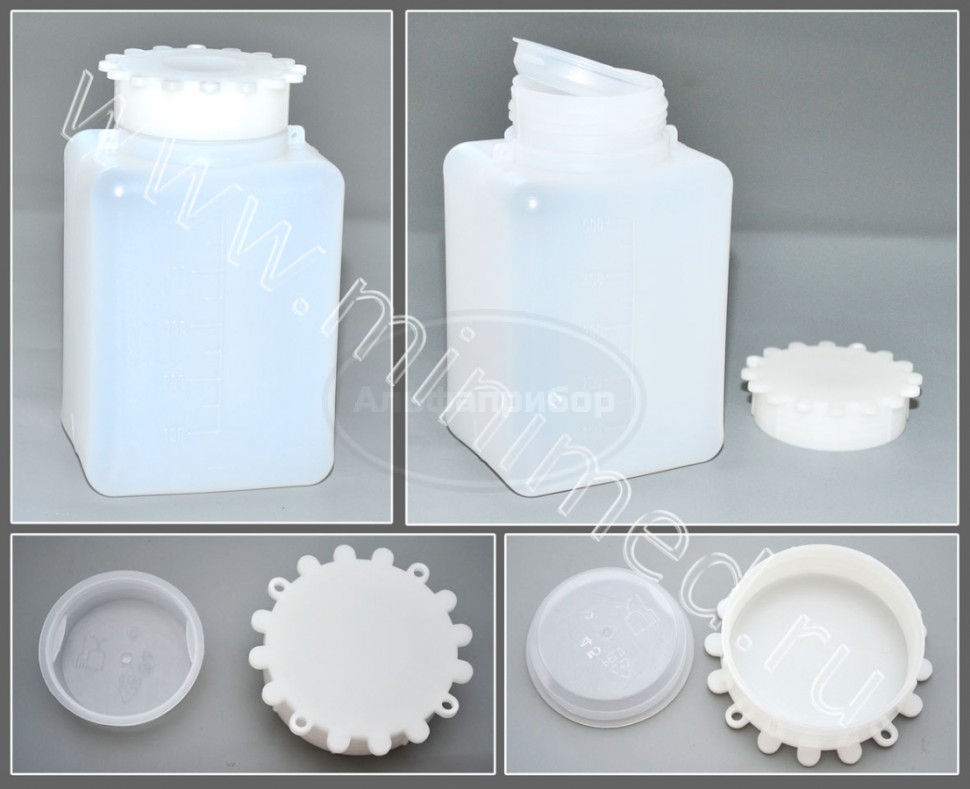 Емкость для общелабораторного применения квадратная 500мл, с делениями с крышкой, ПЭВП, LAMAPLASТ, упаковка 1/100шт